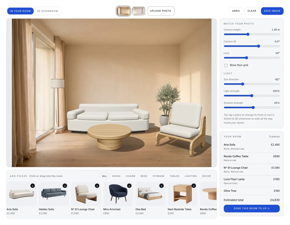Roomkit in a white theme with blue buttons and prices in pounds