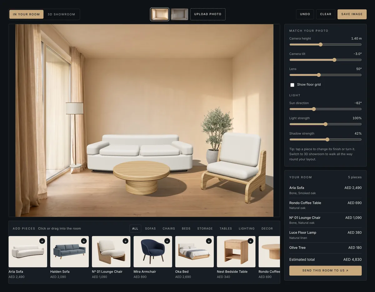 Roomkit in a dark theme with gold buttons and prices in dirhams