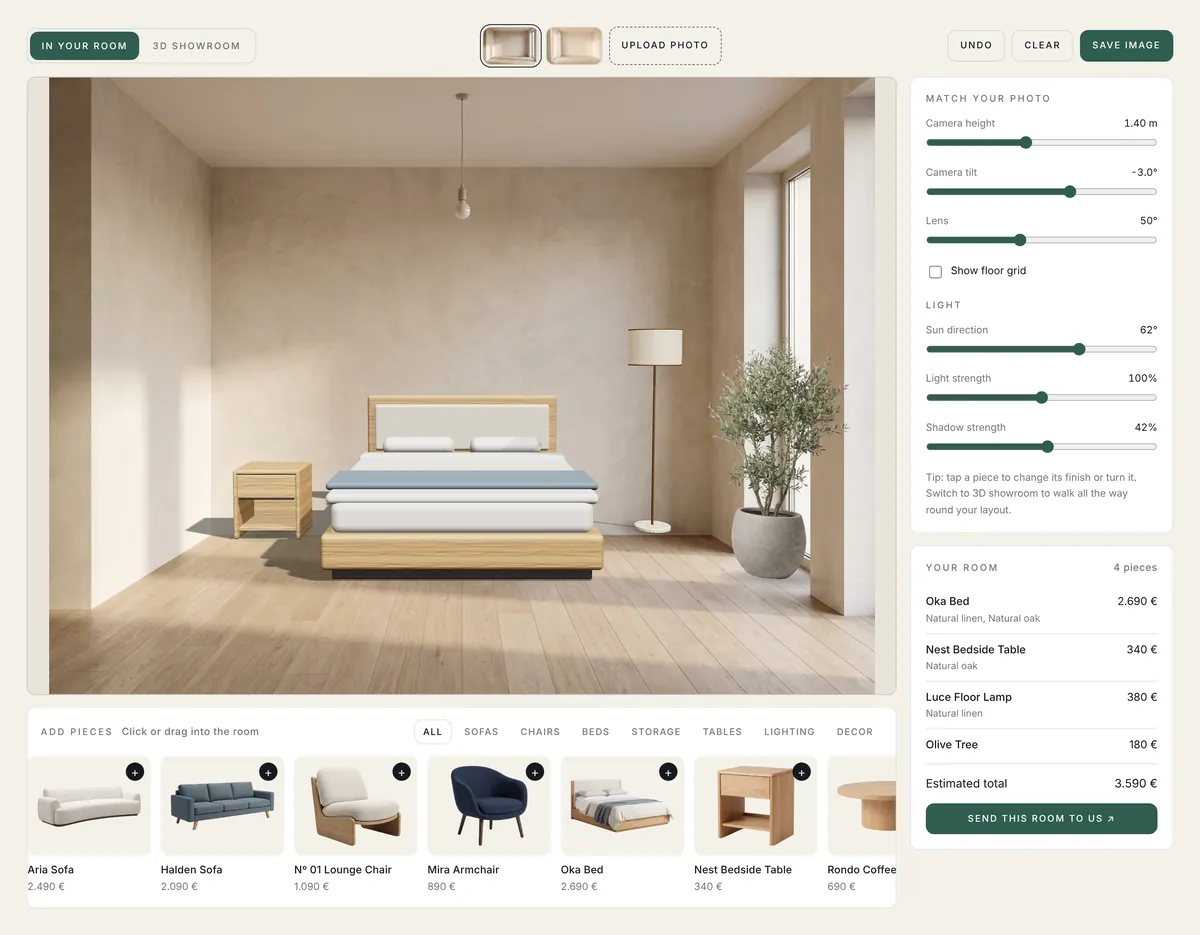 Roomkit in a light theme with green buttons and prices in euros