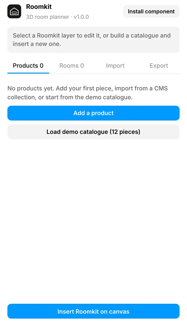 The Roomkit plugin's start screen in Framer