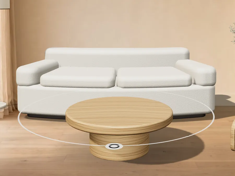 A bouclé sofa and oak coffee table from the built-in demo models