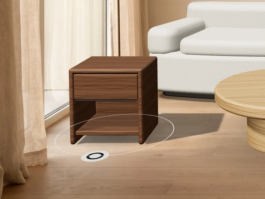 A walnut bedside table loaded from a GLB file, with its turn ring