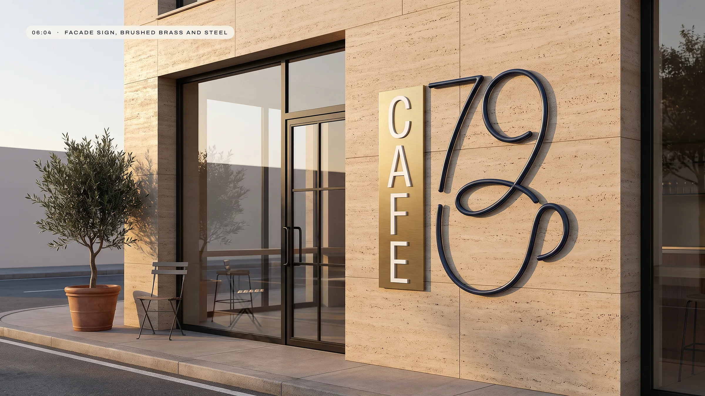 Brushed brass and steel facade sign