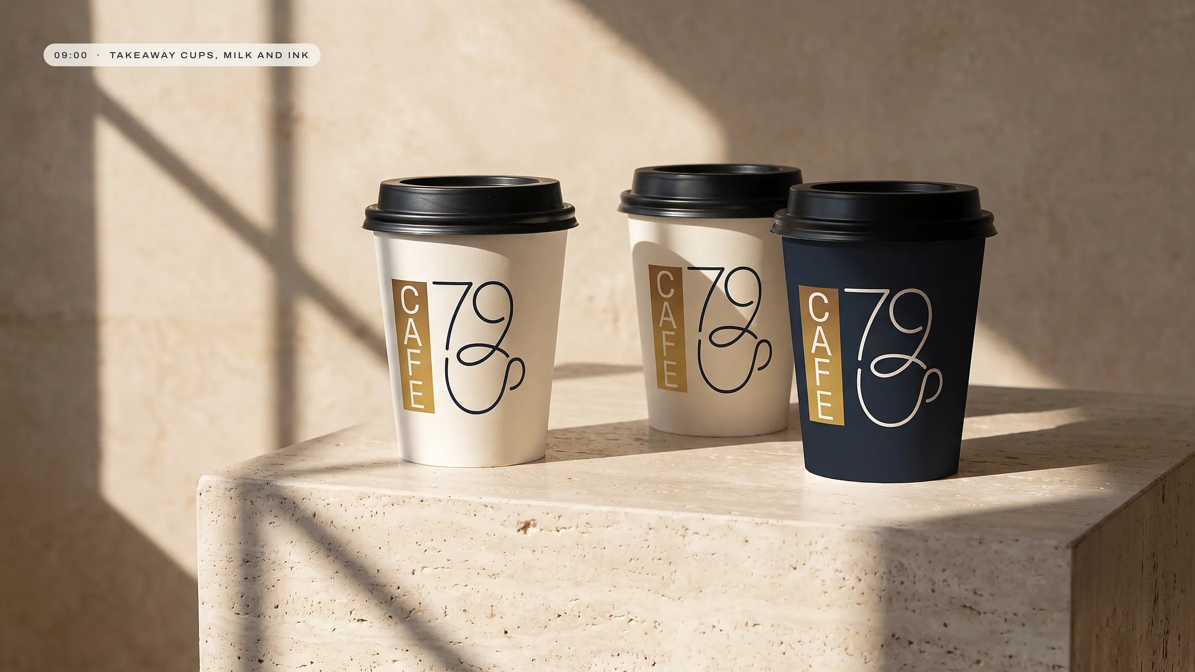 Takeaway cups on travertine in morning light