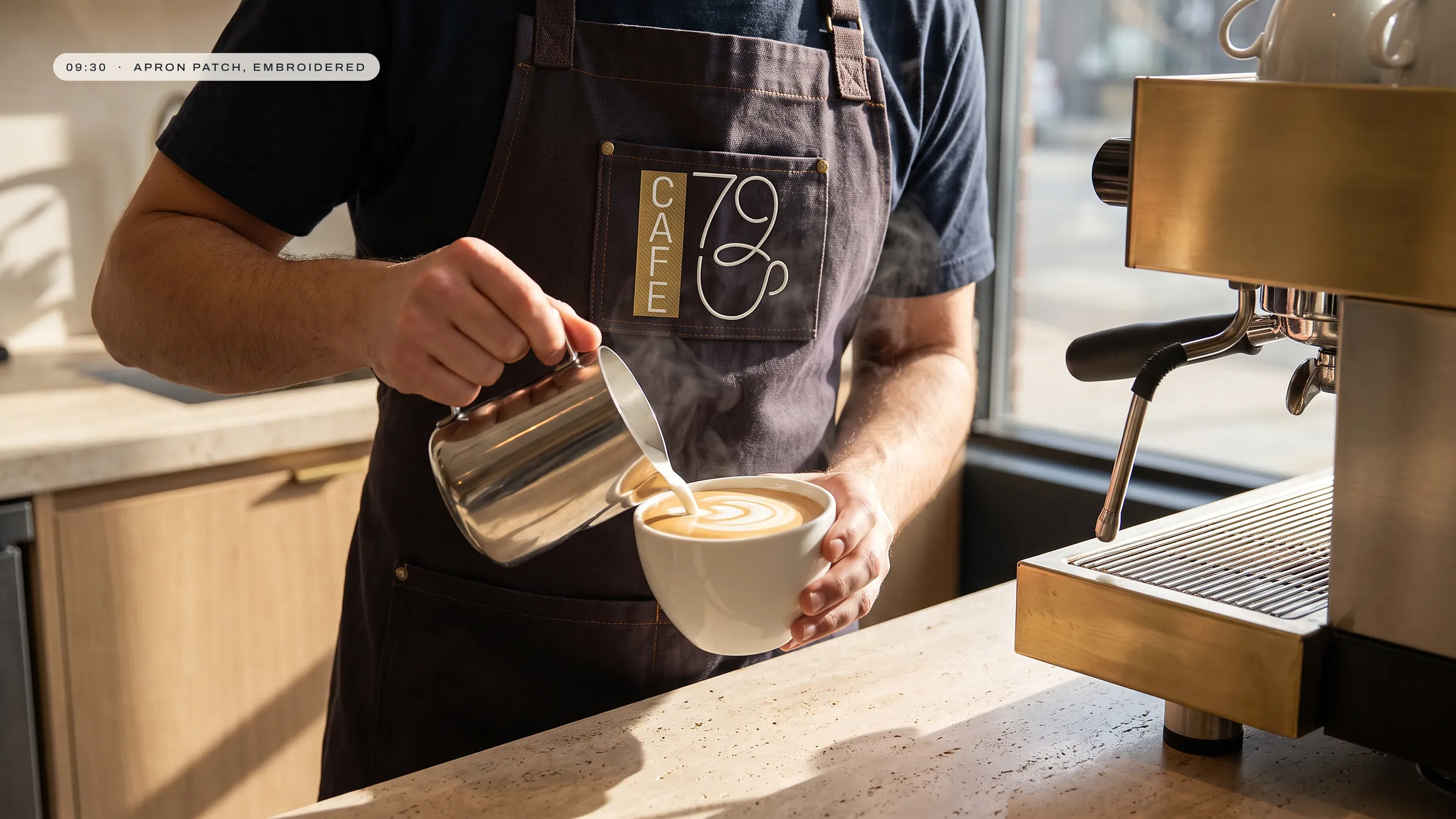 Barista apron with embroidered mark