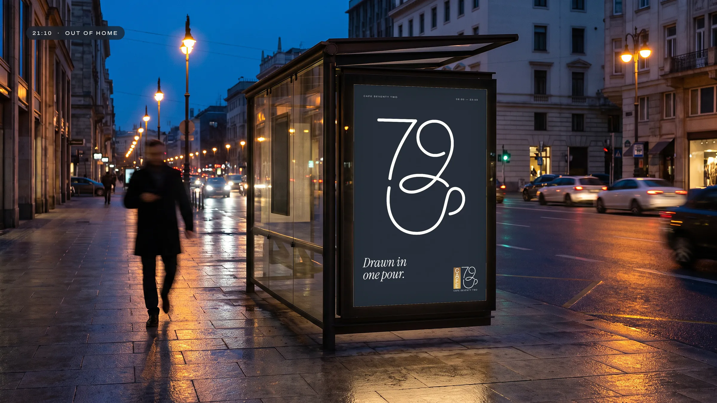 Bus shelter poster at night