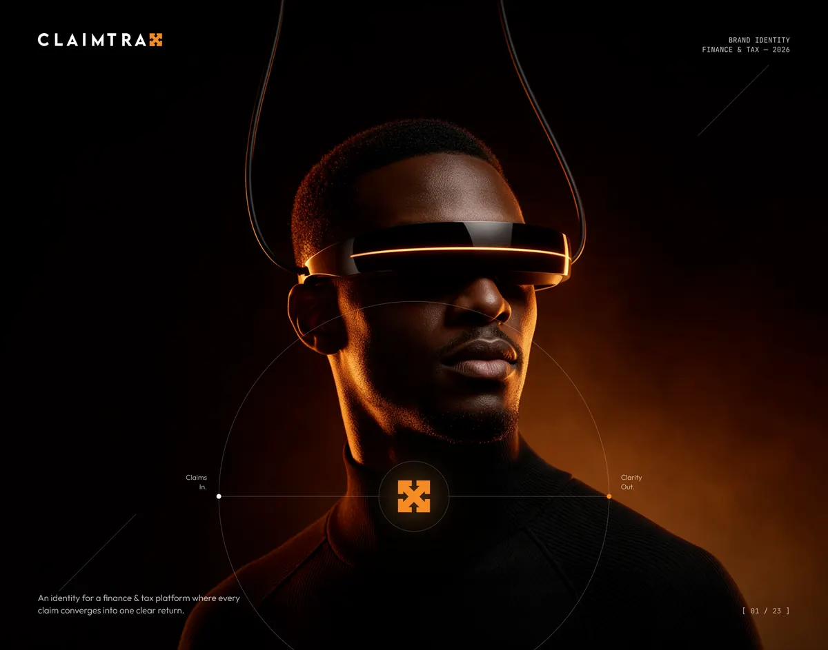 Claimtrax cover: a figure in a glowing visor with the orange X mark on black