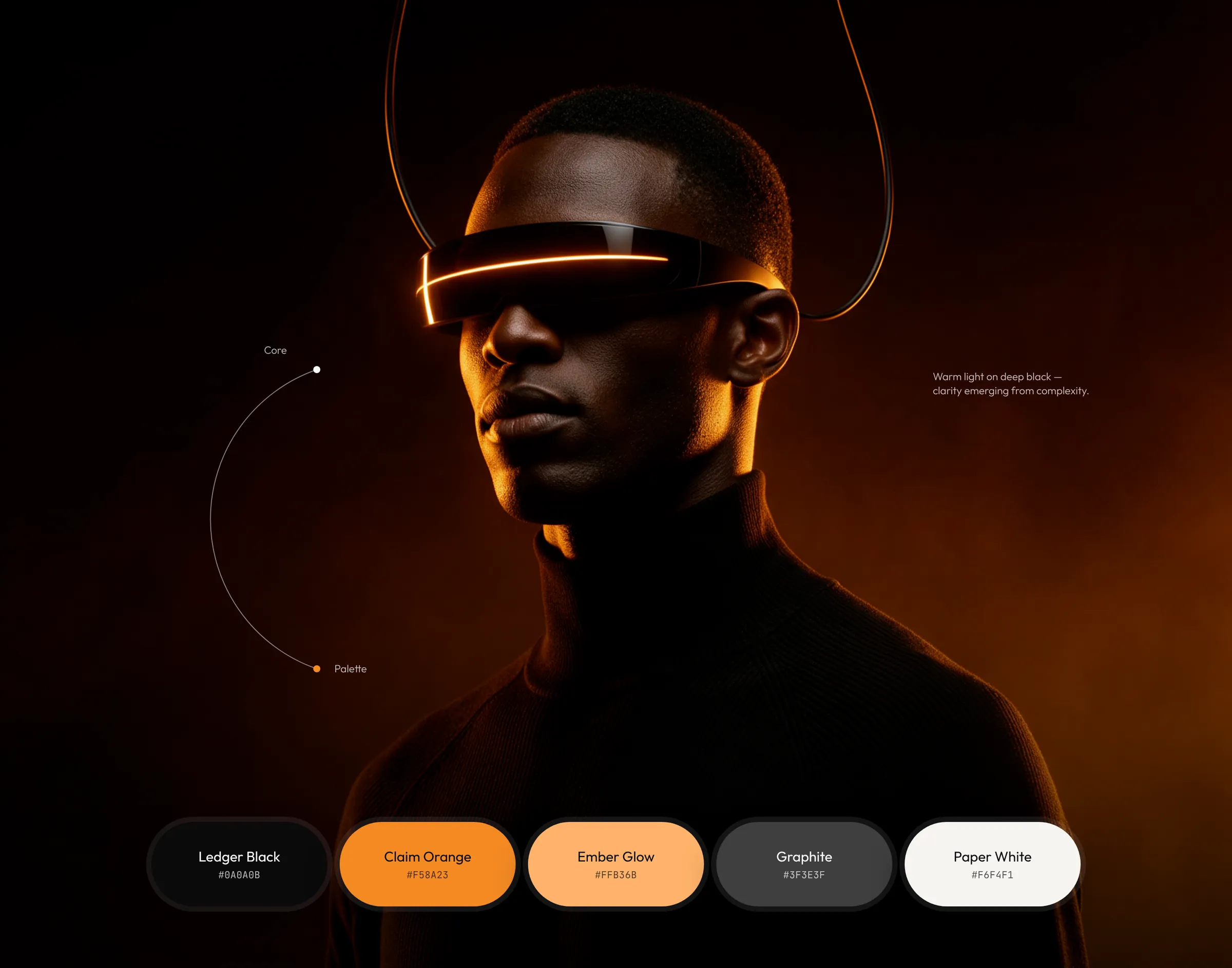 Palette: Ledger Black, Claim Orange, Ember Glow, Graphite, Paper White