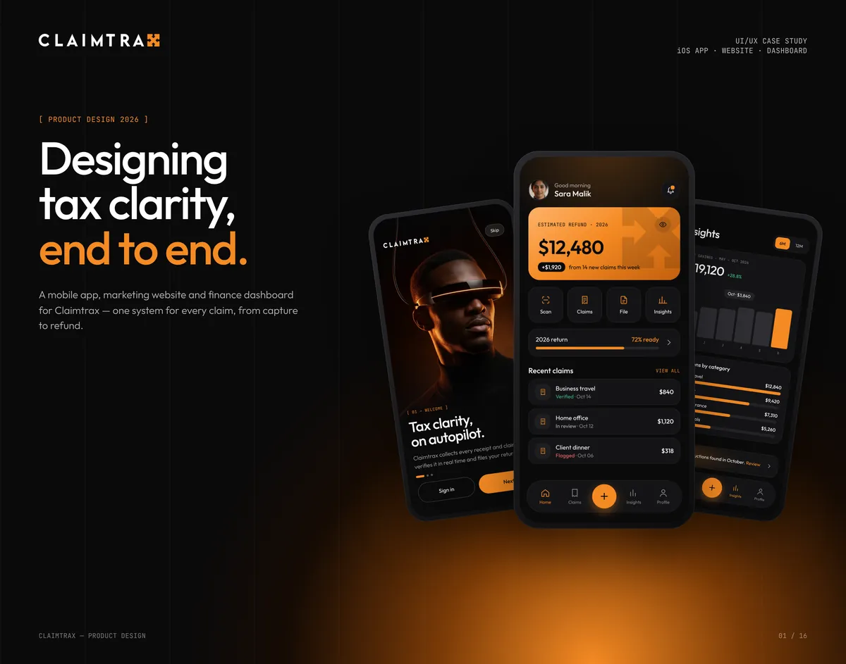 Claimtrax iOS app screens on black: estimated refund, recent claims and insights