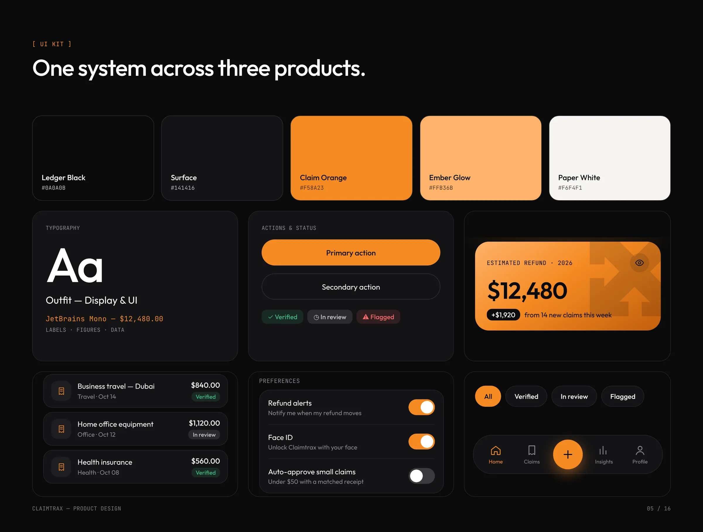 UI kit: colour, type, buttons, status chips, claim rows, toggles and tab bar