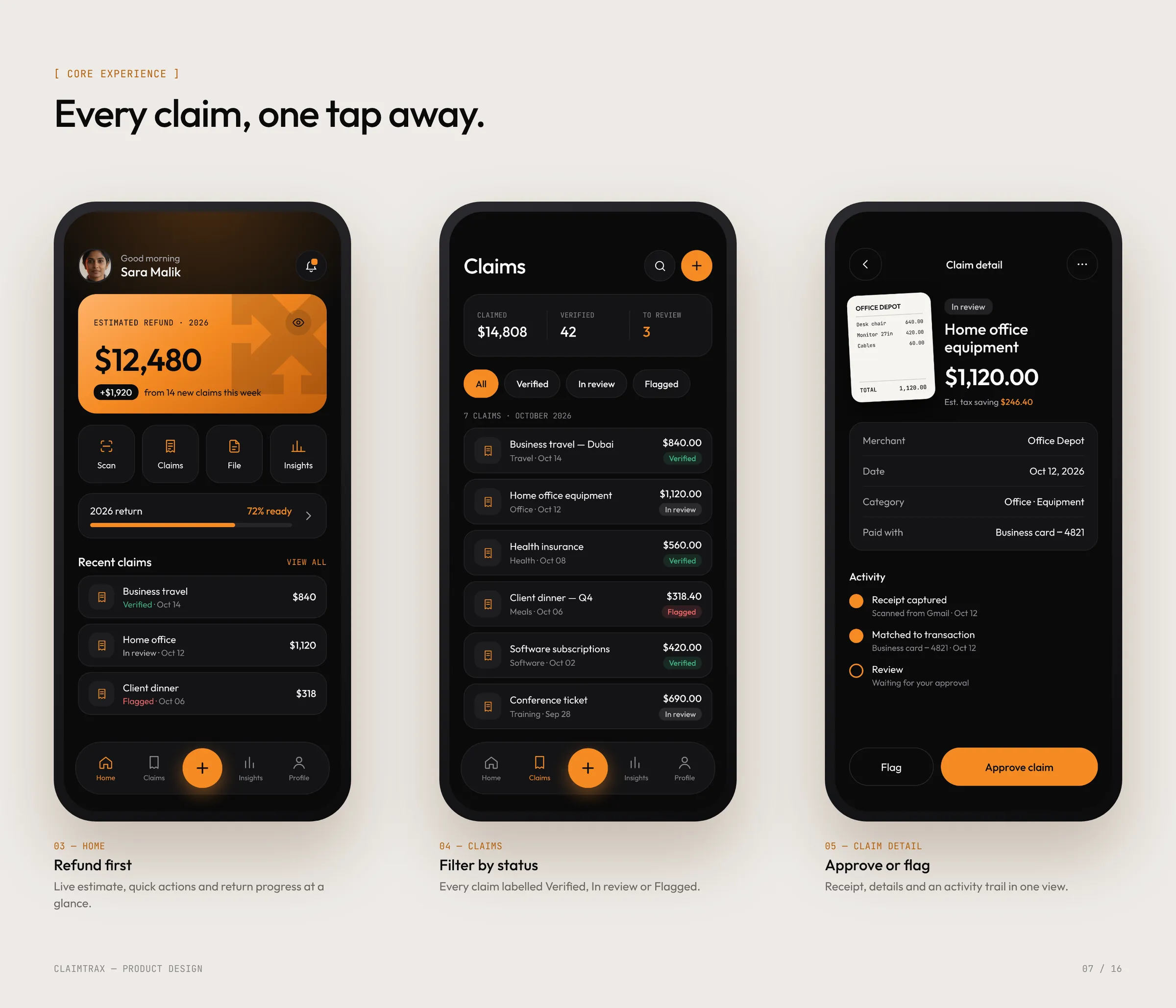 Core screens: home with refund first, claims filtered by status, claim detail with approve or flag