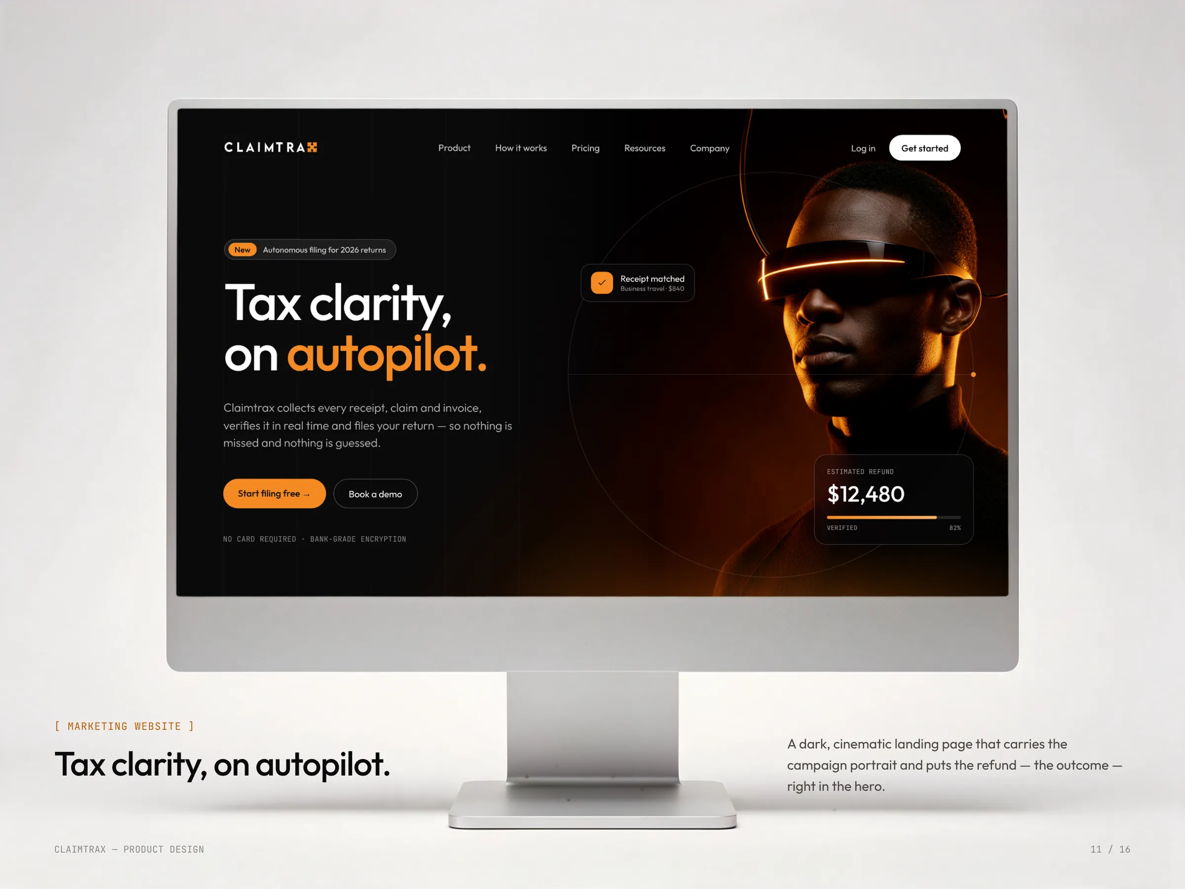 Marketing website hero on a desktop: Tax clarity, on autopilot
