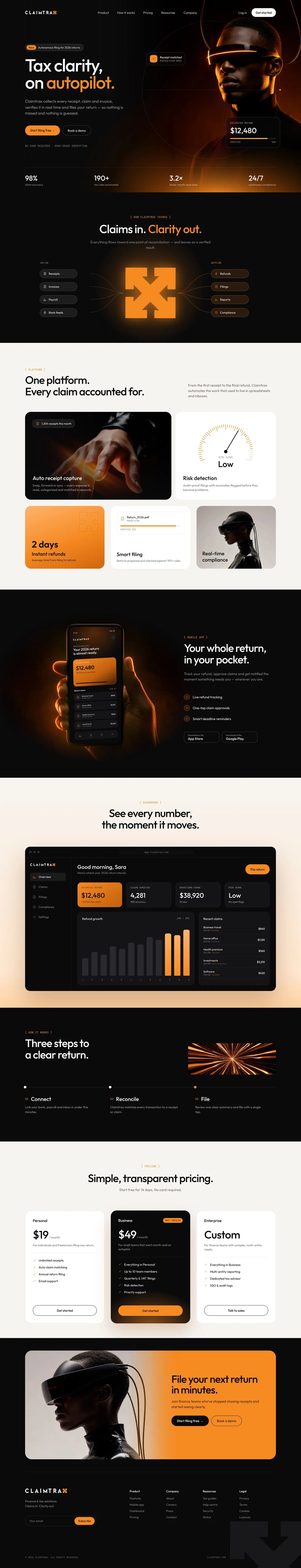 Claimtrax marketing website, full landing page from hero to footer