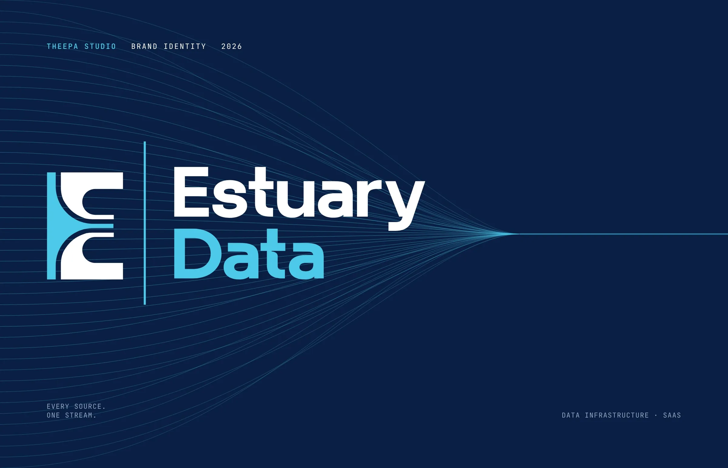 Estuary Data logo on deep navy with converging light lines