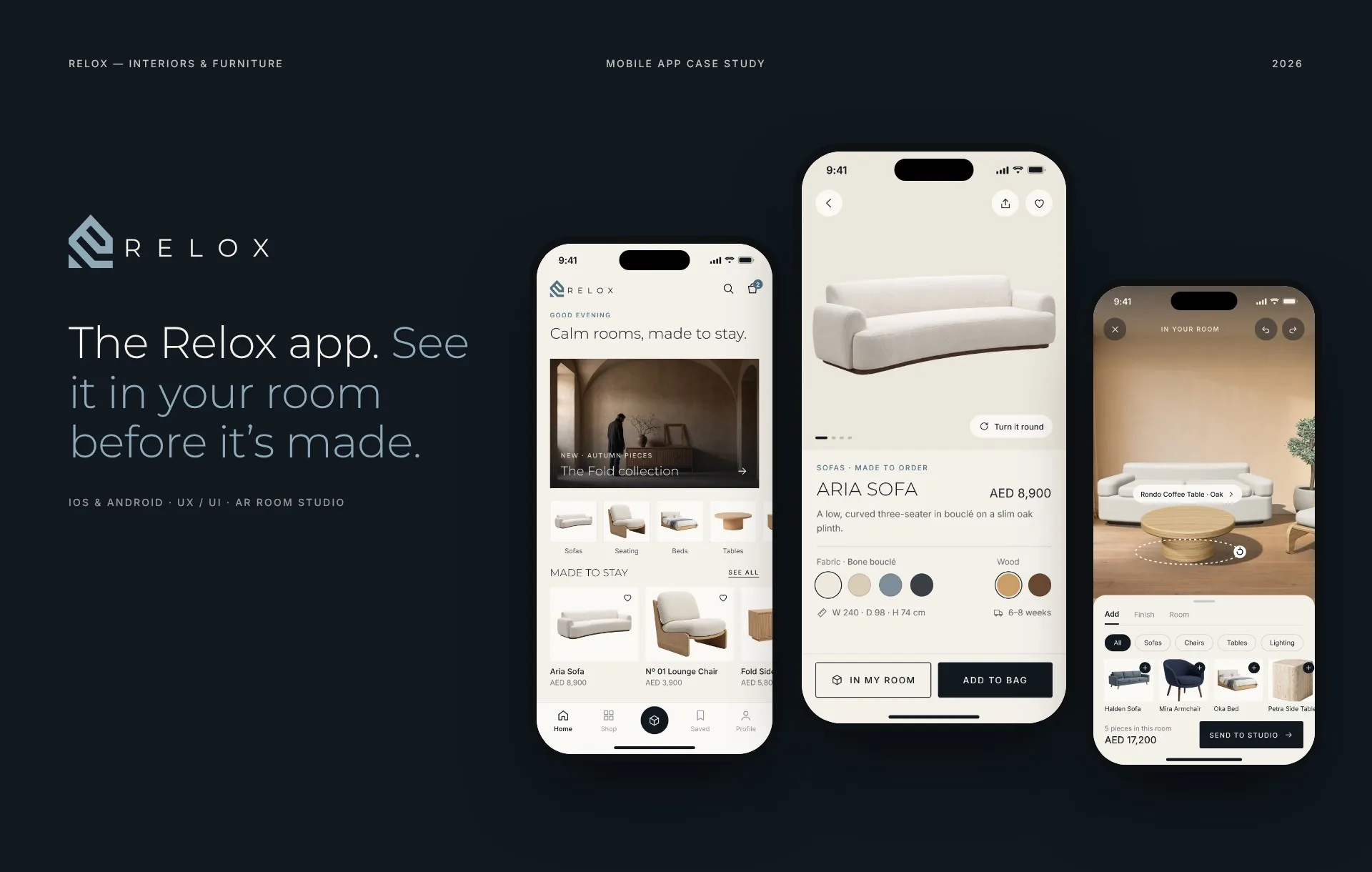 Three Relox app screens on navy: home, a sofa in AR and the collection
