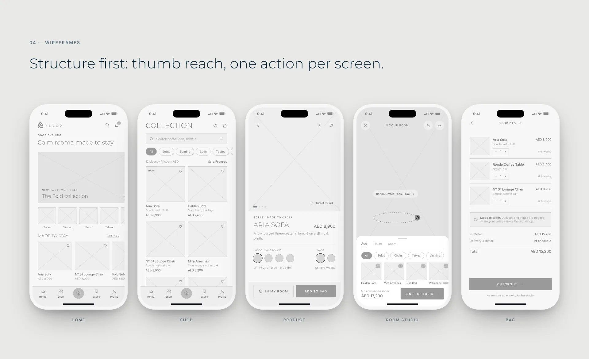 Wireframes: thumb reach, one action per screen