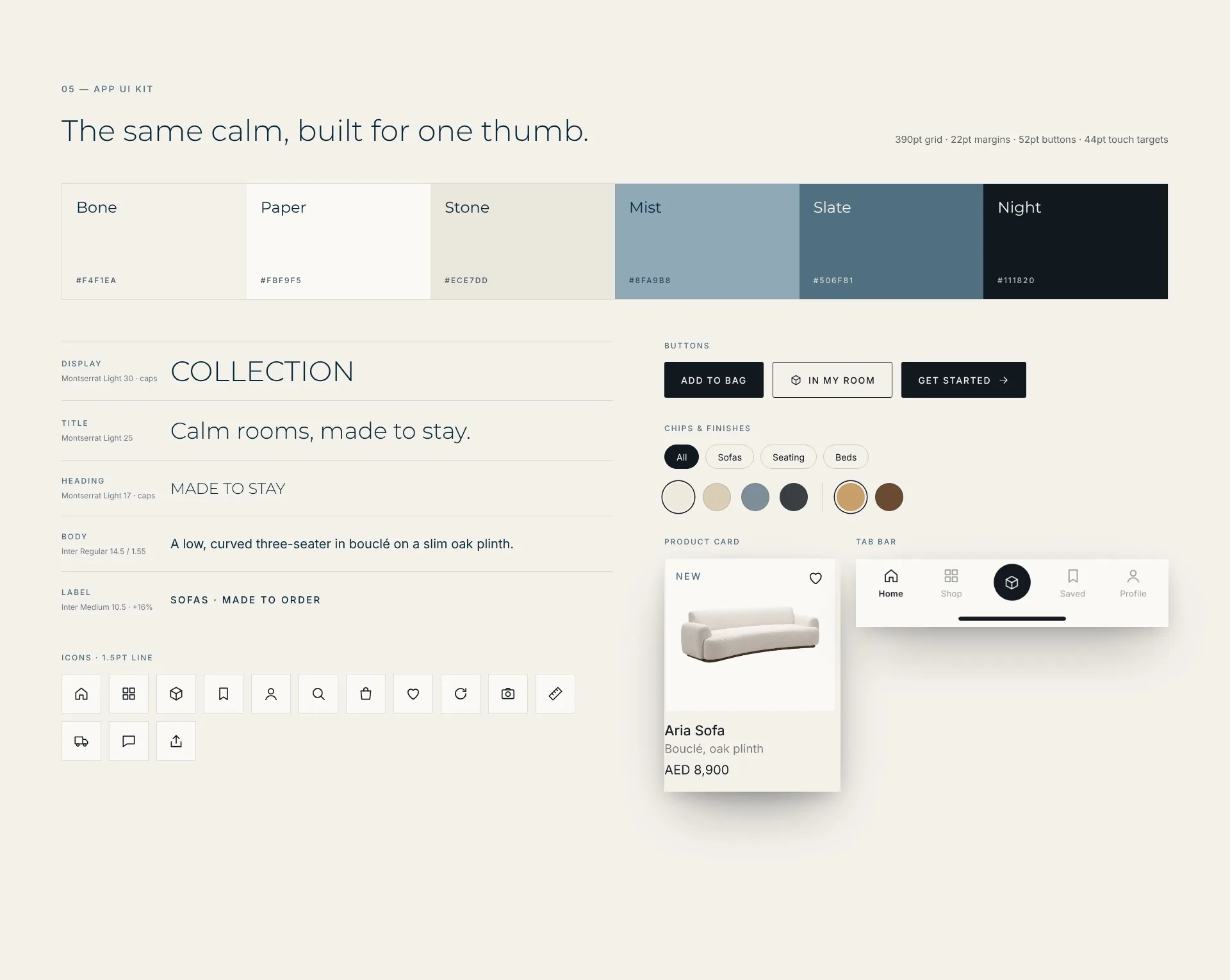 UI kit: colour, type, buttons, swatches and product cards