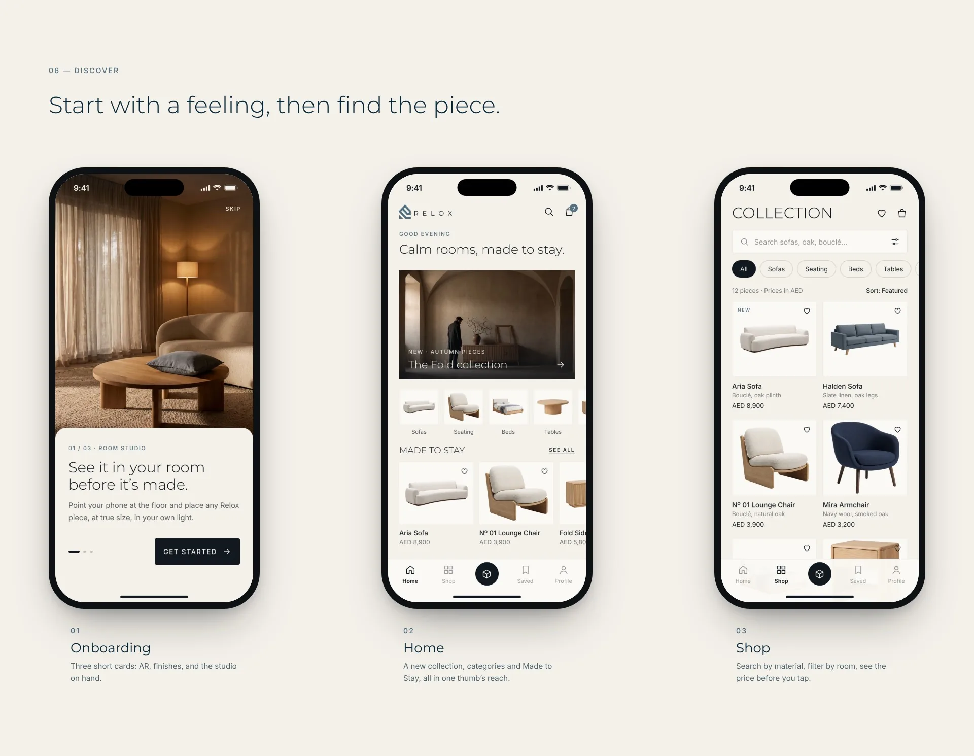 Onboarding, Home and Shop screens