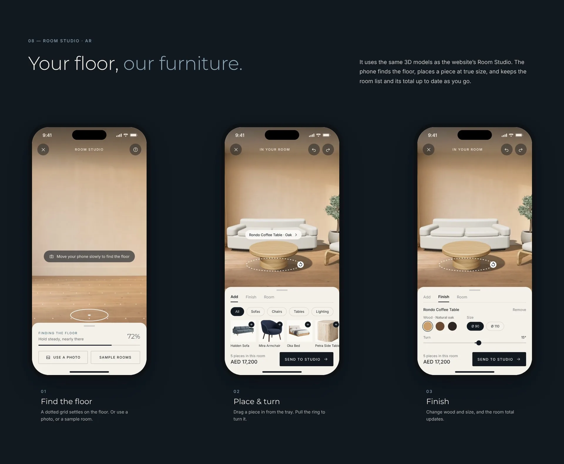 Room Studio in AR: find the floor, place and turn, finish