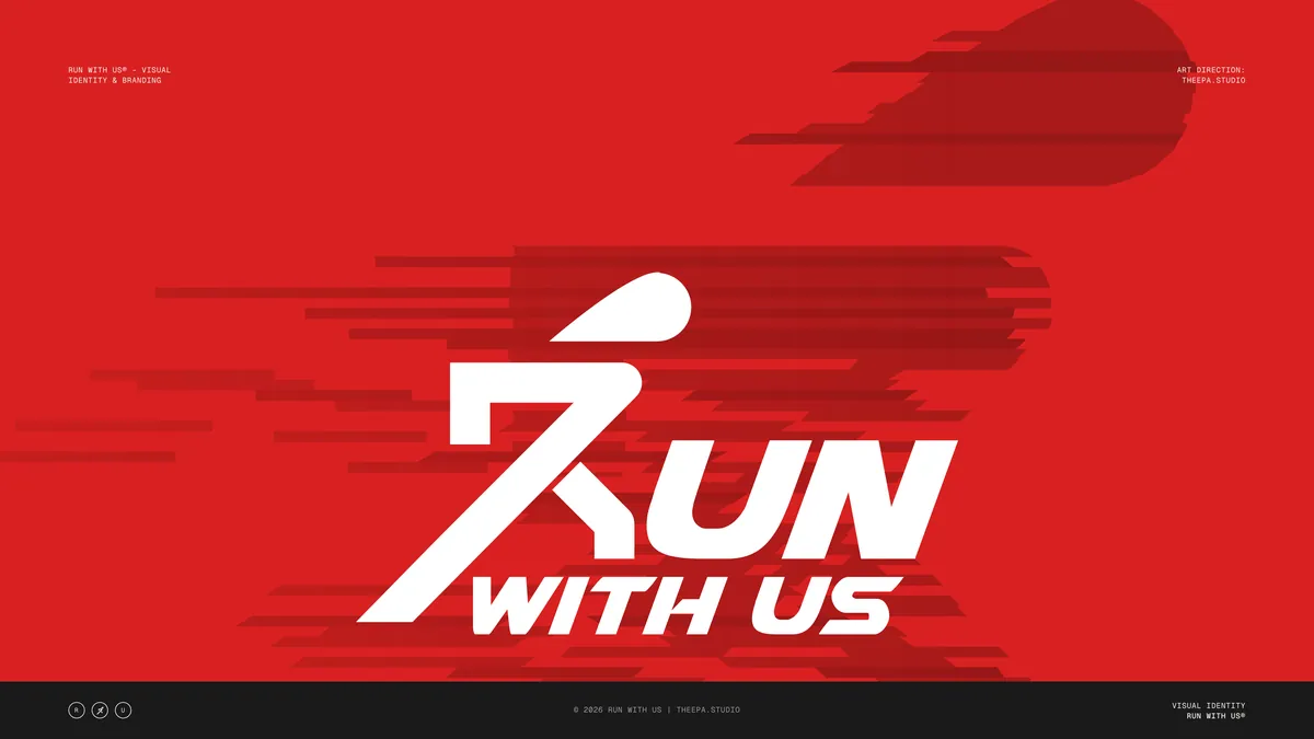 Run With Us logo in white on Race Red with speed streaks